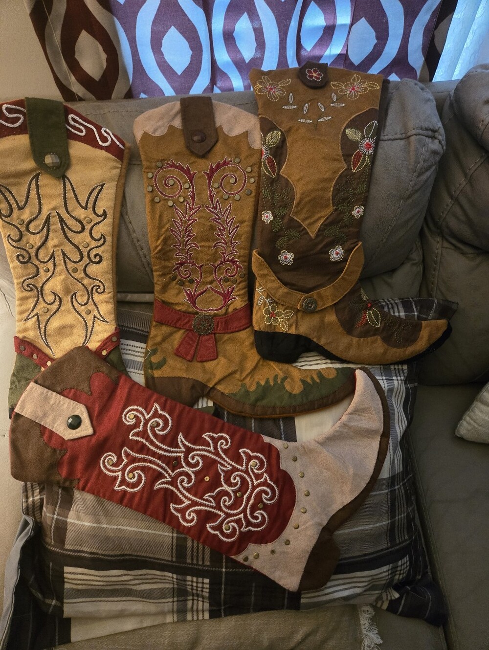 Hobby Lobby Western Cowboy Boot Christmas Stockings Lot of 4 Felt Embroidered